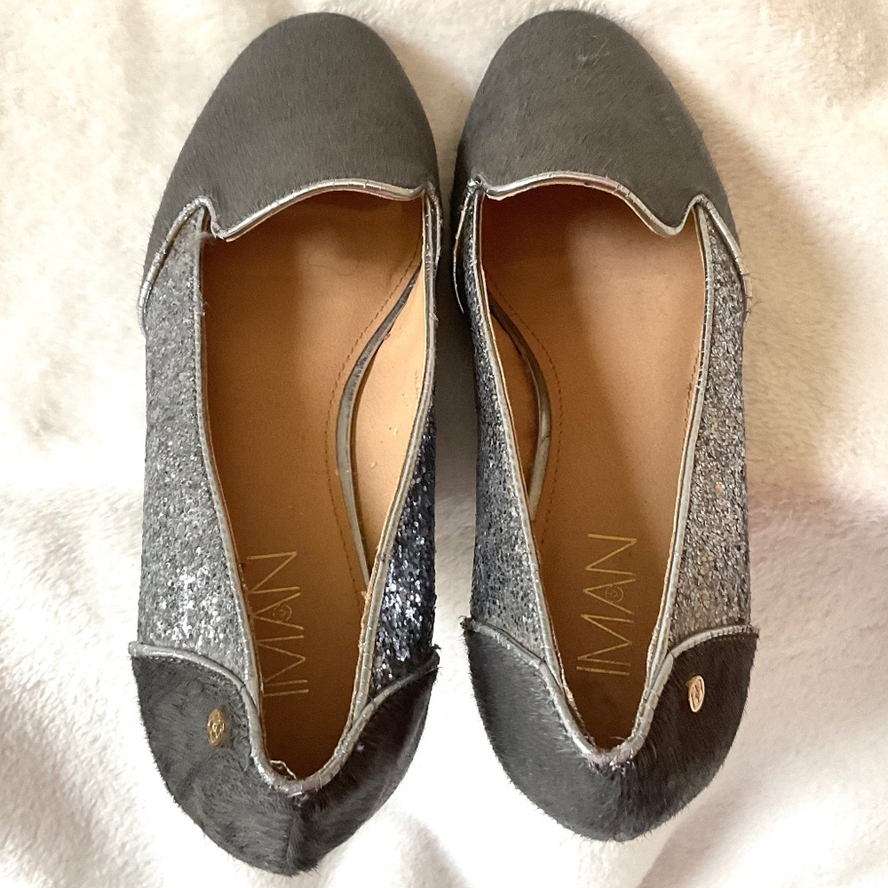 Gray IMAN Slip On Calf Hair Glittery Loafer Flats - Picture 8 of 14